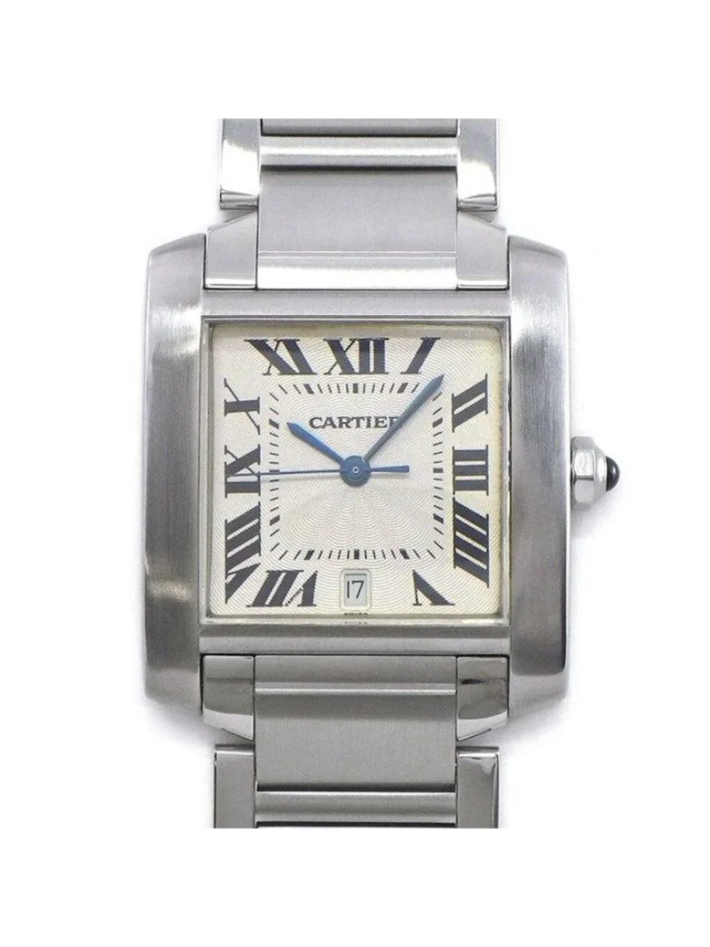 Cartier Watch Tank Francaise LM Date Square Guilloche Silver Dial SS Automatic
